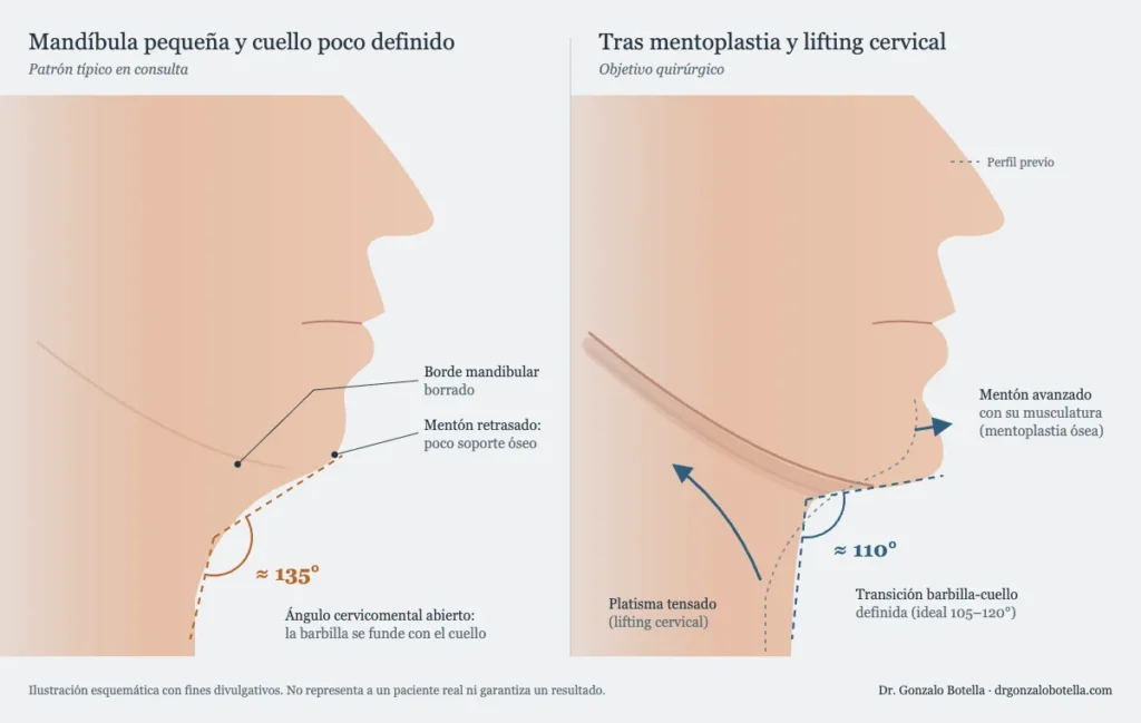 Ilustración de perfil: mandíbula pequeña con ángulo cervicomental abierto y resultado tras mentoplastia ósea y lifting cervical