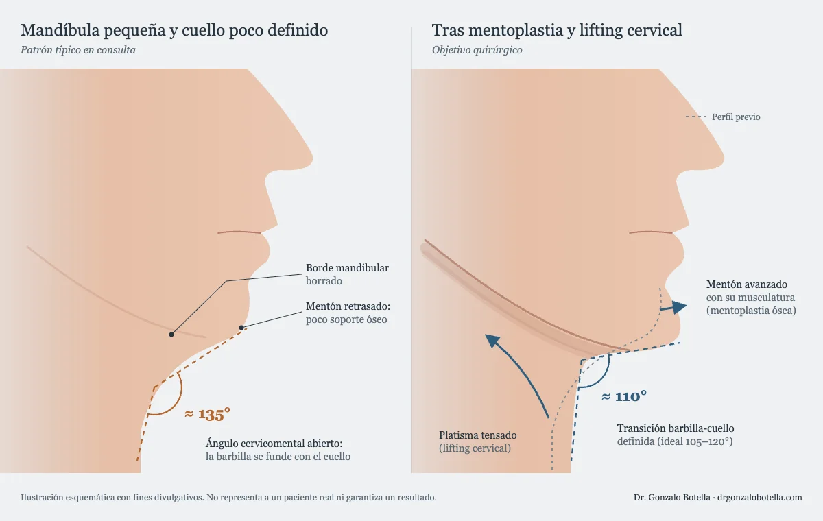 Ilustración de perfil: mandíbula pequeña con ángulo cervicomental abierto y resultado tras mentoplastia ósea y lifting cervical