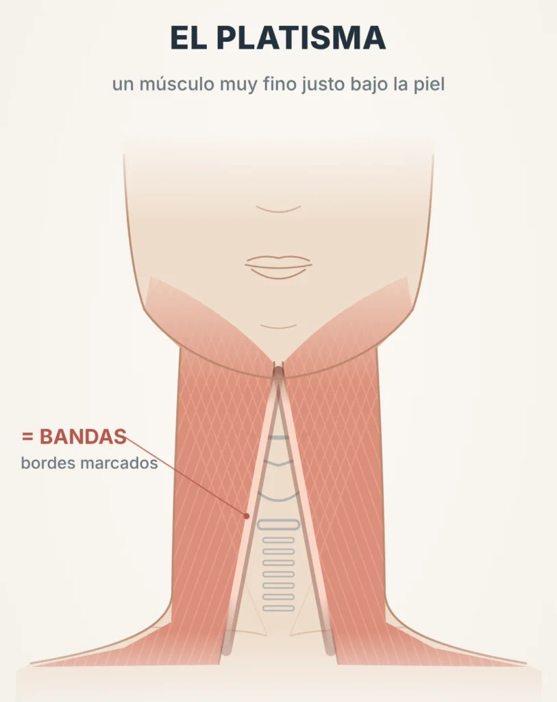 Esquema del músculo platisma y de las bandas platismales en el centro del cuello